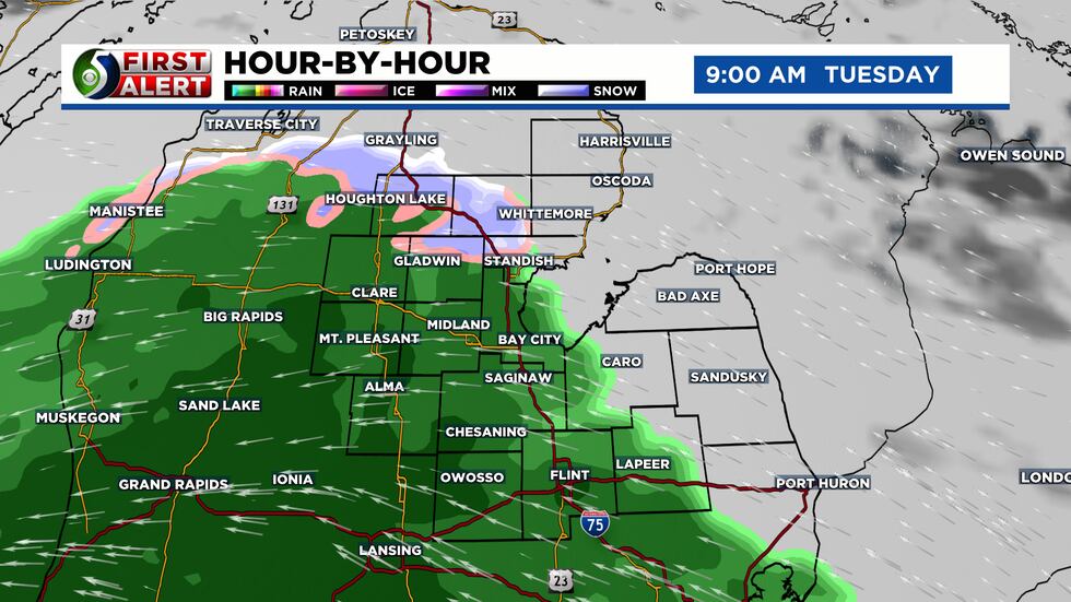 Some snow will initially mix in up north.