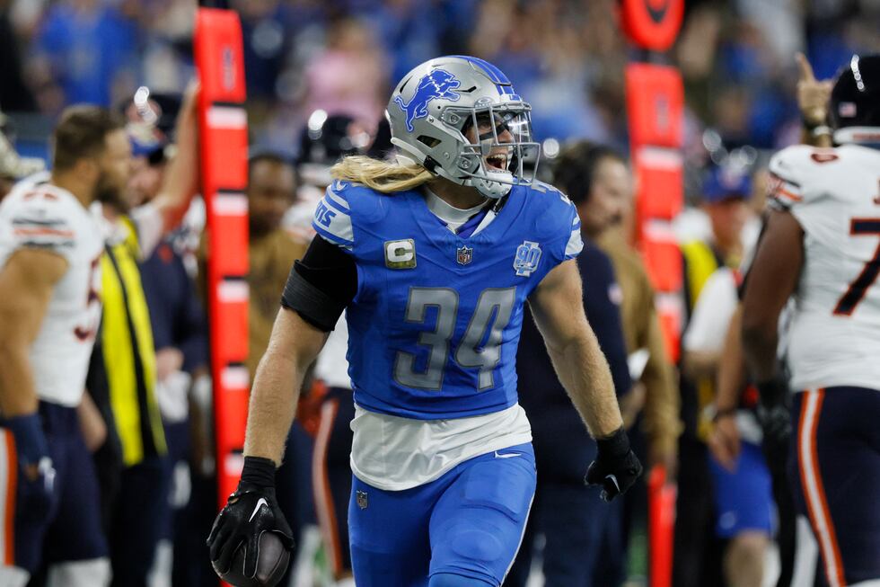 Detroit Lions linebacker Alex Anzalone reacts after recovering a fumble during the first half...