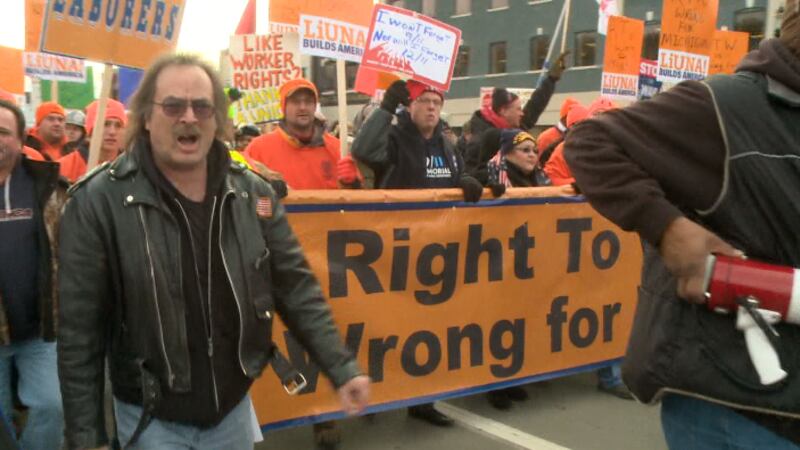 Union members protested the passing of Michigan's right-to-work law in 2012.