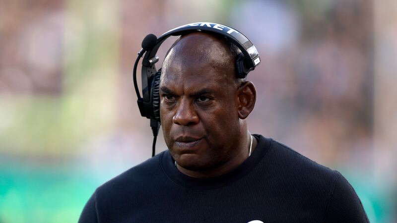 Michigan State coach Mel Tucker walks the sideline during the second half of an NCAA college...