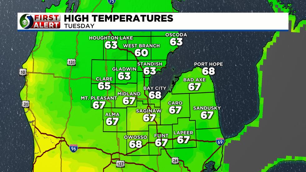 Tuesday will have highs in the upper 60s.