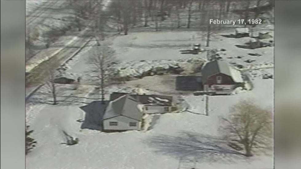 A birds-eye view of the Post residence on Rock Road on February 17, 1982.