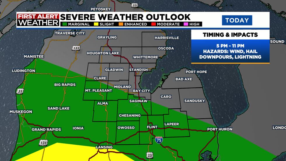 The southern half of mid-Michigan has an isolated, short-lived risk for severe storms.