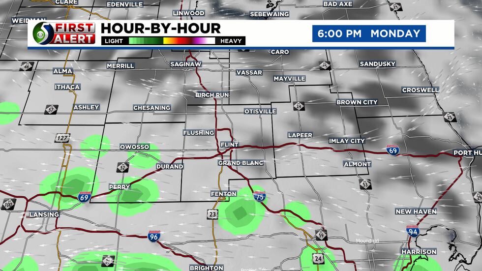 A few isolated showers will be possible near Flint on Monday evening.