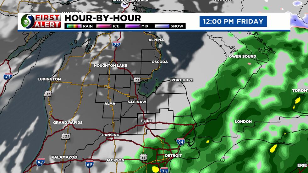 Hour-By-Hour Forecast shows rain ending after lunchtime.