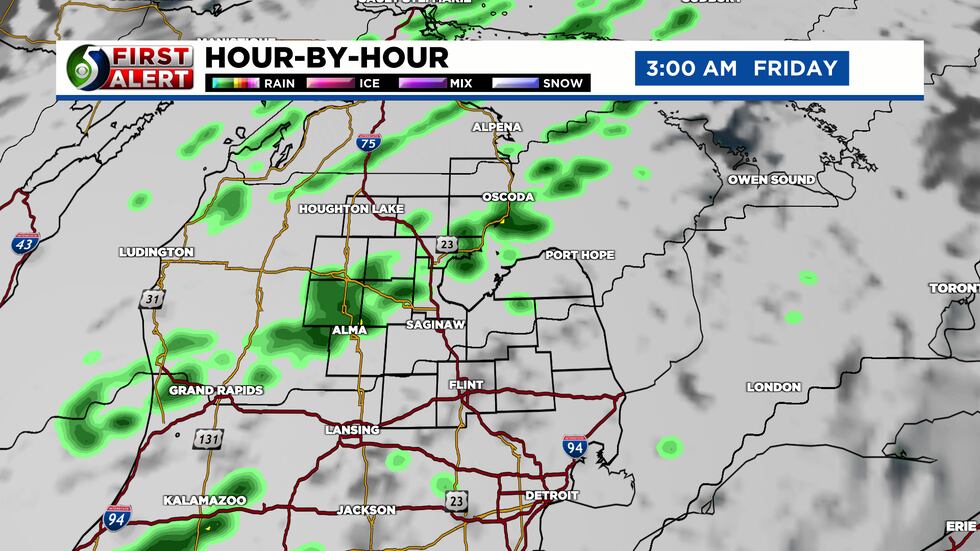 Hour-By-Hour Forecast shows rain starting early Friday morning.