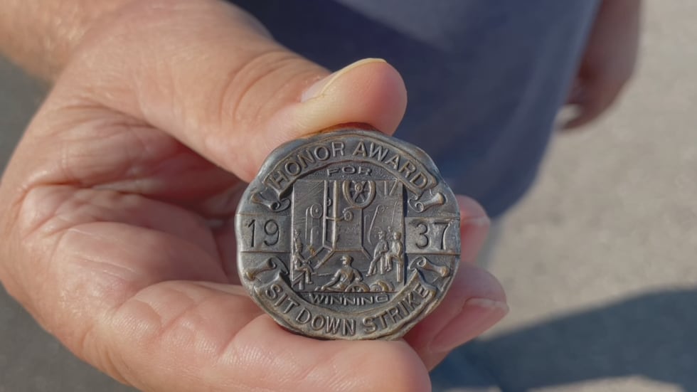 1937 sit-down striker's medallion for being in the plant for 45 days.