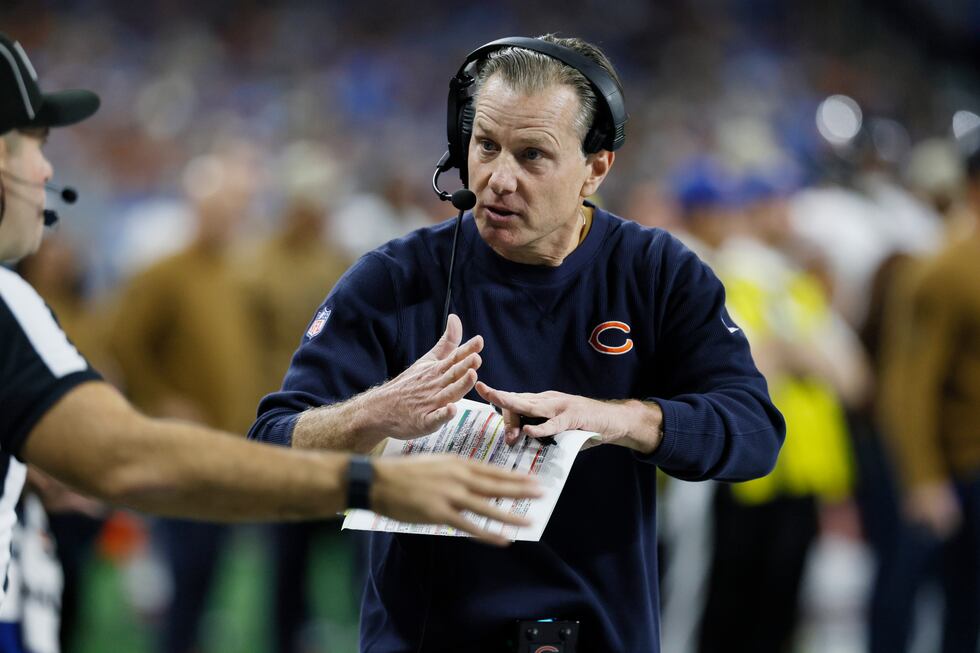 Chicago Bears head coach Matt Eberflus calls a timeout during the first half of an NFL...