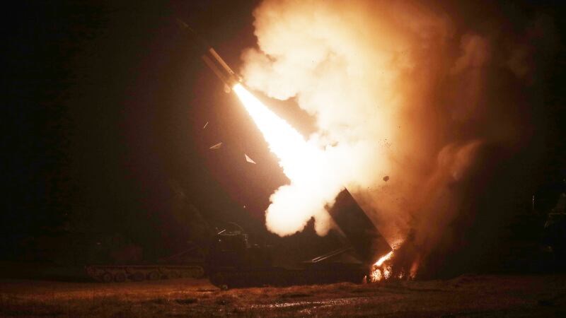 In this photo provided by South Korea Defense Ministry, an Army Tactical Missile System or...