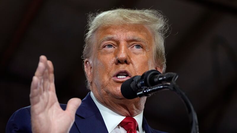 Former President Donald Trump speaks during a commit to caucus rally, Monday, Oct. 16, 2023,...