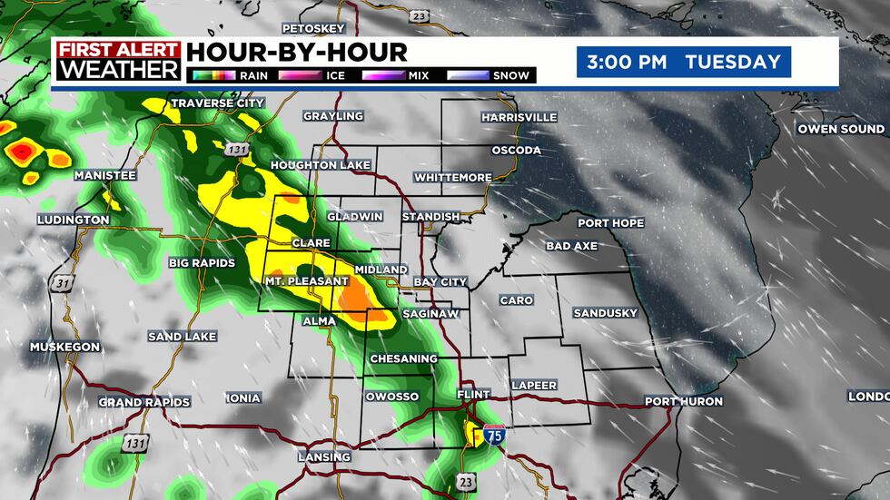 The first round of showers starts around 3 PM.  No severe weather risk here.