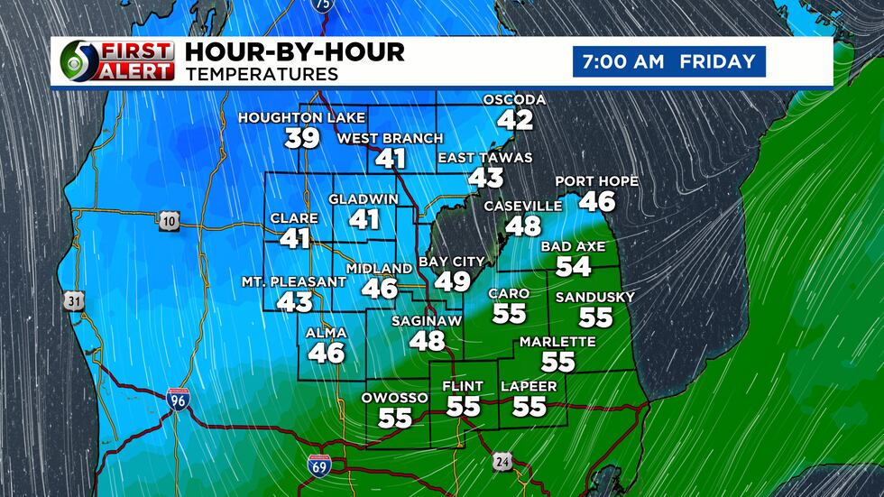 Hour-By-Hour Temperatures has the cold front moving through Friday morning.