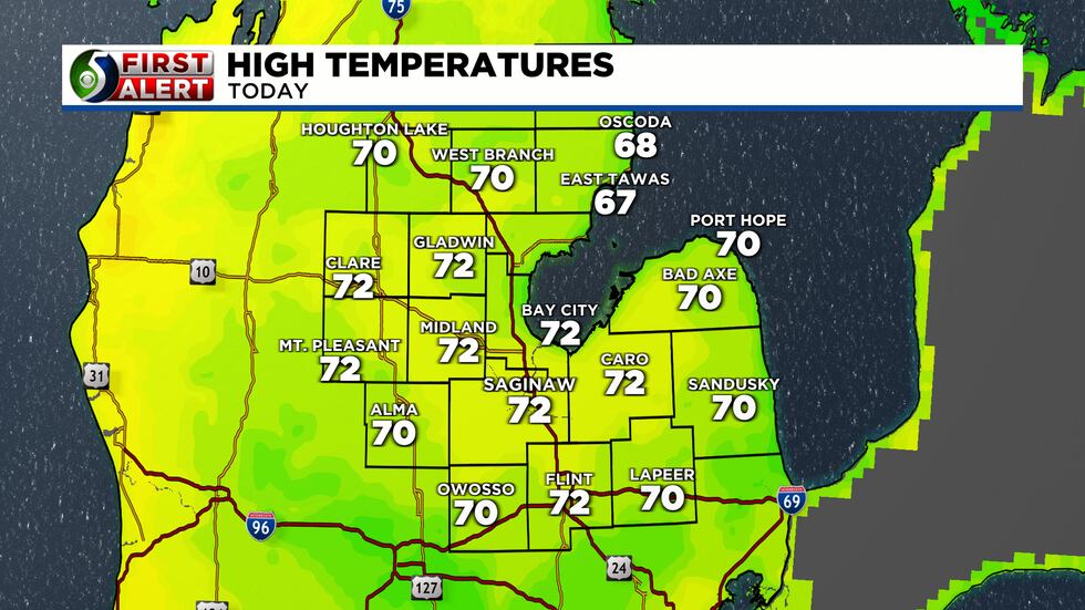 Monday will get up to around 72 degrees.