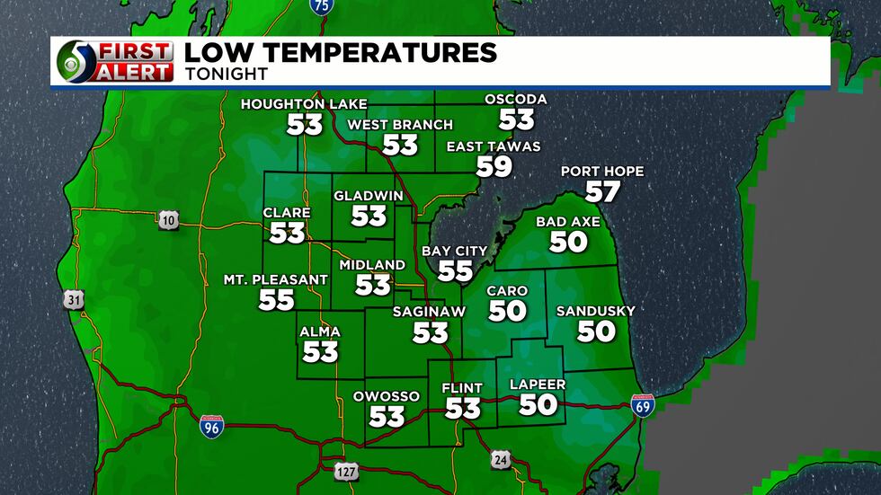 Lows tonight will be mild in the mid 50s.