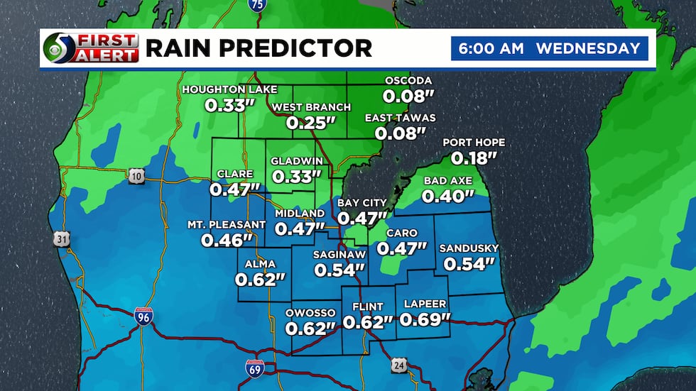 Rain totals will range from 0.25" to 0.75".