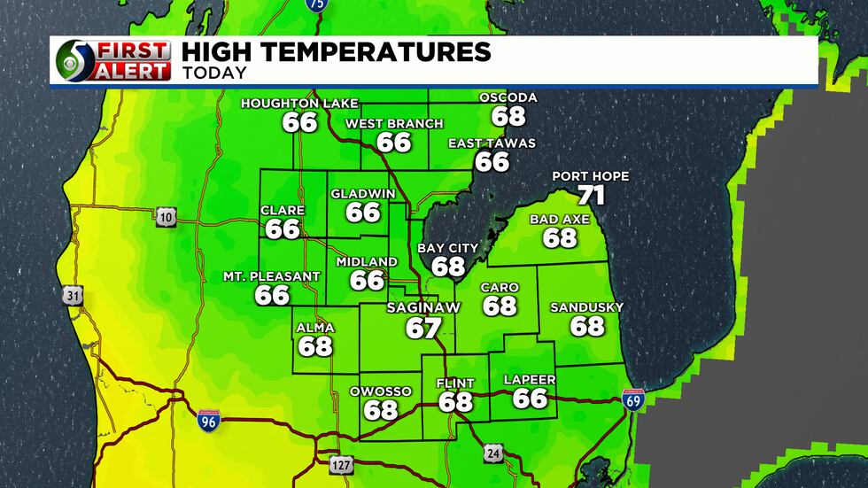 Tuesday reaches up to around 67 degrees.
